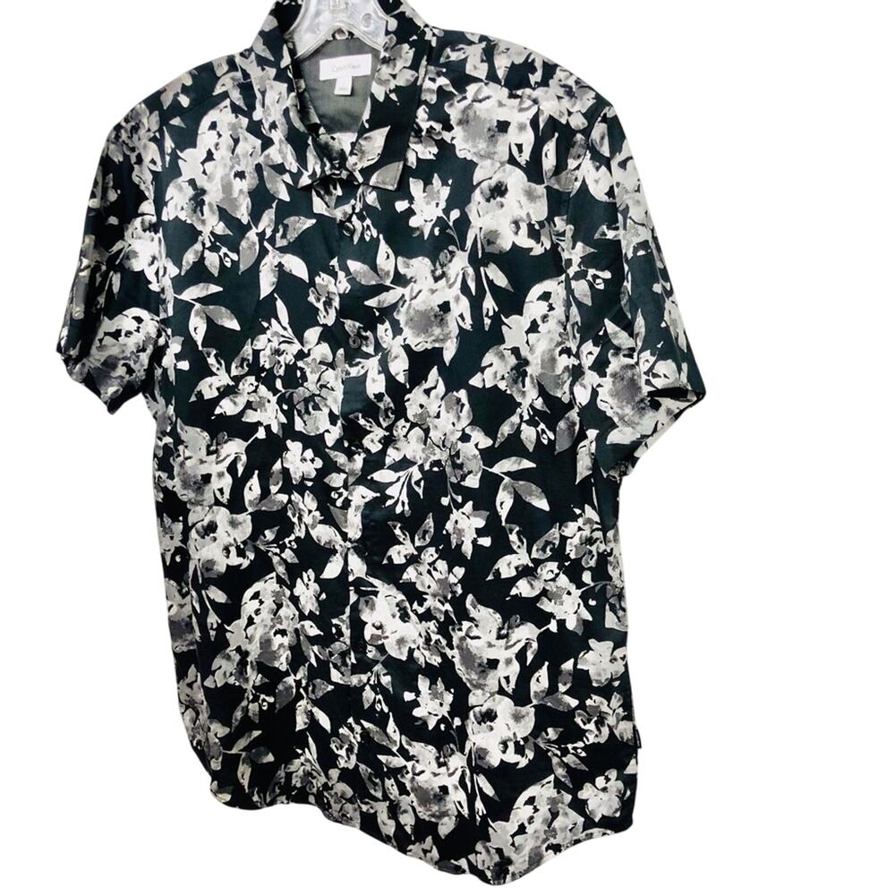 Men’s Calvin Klein black gray graphic floral print button front shirt - Picture 7 of 16